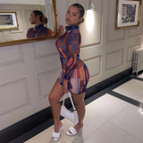 Tie Dye Long Sleeve High Neck Bodycon Streetwear Party Club 2025 Summer Mini Dress