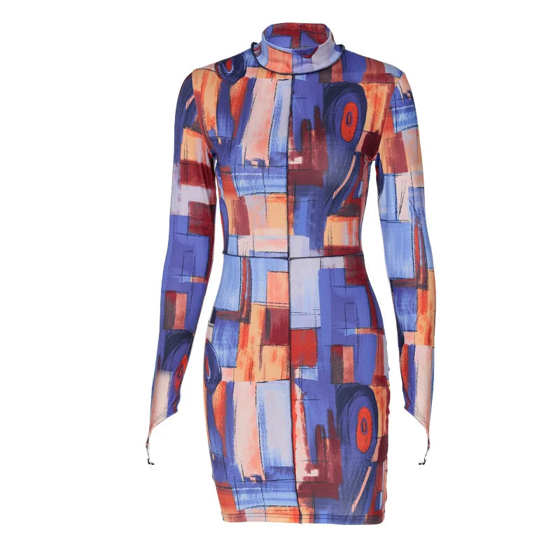 Tie Dye Long Sleeve High Neck Bodycon Streetwear Party Club 2025 Summer Mini Dress
