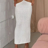 Beach See Through Waist White Knitted Pencil Skirt