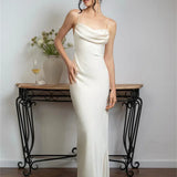 Spaghetti Long Dress Women Backless Pleated Solid High Waist Elegant Party Halter Fashion New Casual Dress