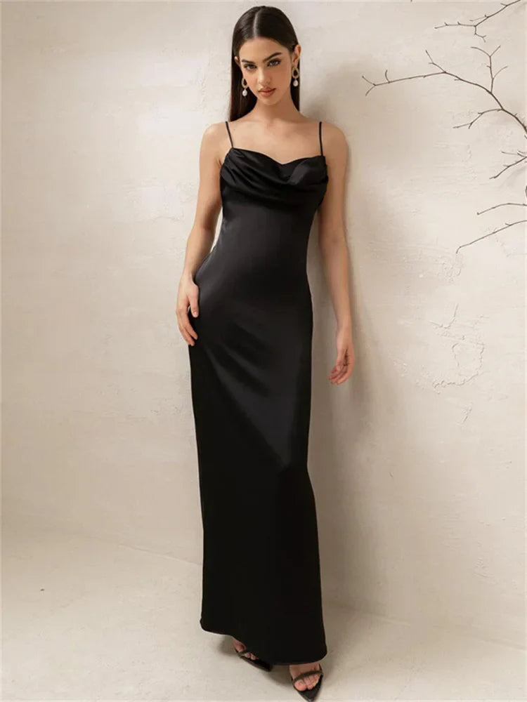 Spaghetti Long Dress Women Backless Pleated Solid High Waist Elegant Party Halter Fashion New Casual Dress