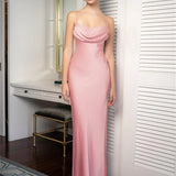 Spaghetti Long Dress Women Backless Pleated Solid High Waist Elegant Party Halter Fashion New Casual Dress