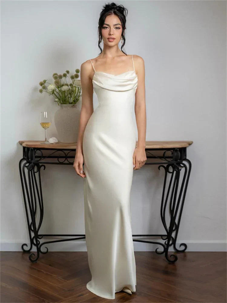 Spaghetti Long Dress Women Backless Pleated Solid High Waist Elegant Party Halter Fashion New Casual Dress
