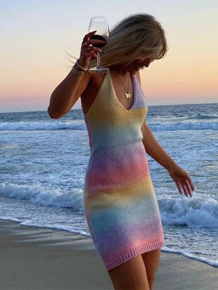 Women Knitted Spaghetti Strap Maxi Dresses Holiday Hollow Out Split Beach Clothes 2025 Casual Dress