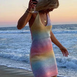 Women Knitted Spaghetti Strap Maxi Dresses Holiday Hollow Out Split Beach Clothes 2025 Casual Dress