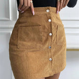 Corduroy Button Flare Skater Short Skirt