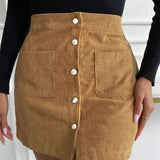 Corduroy Button Flare Skater Short Skirt