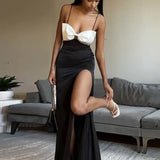 Bow Split Spaghetti Strap Backless Nightclub Long Spring Summer Maxi Dress