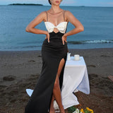 Bow Split Spaghetti Strap Backless Nightclub Long Spring Summer Maxi Dress