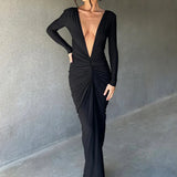 Deep V Neck Mermaid Slim Bodycon Nightclub Sexy Autumn Winter Long Maxi Dress