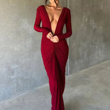 Deep V Neck Mermaid Slim Bodycon Nightclub Sexy Autumn Winter Long Maxi Dress