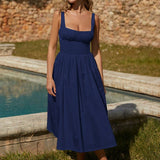 A-line Spaghetti Strap Nightclub Sexy Summer Square Neck Backless Long Midi Dress