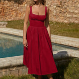 A-line Spaghetti Strap Nightclub Sexy Summer Square Neck Backless Long Midi Dress