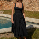A-line Spaghetti Strap Nightclub Sexy Summer Square Neck Backless Long Midi Dress