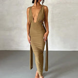 Long Deep V Neck Slim Bandage Bodycon Backless Nightclub Sexy Party Maxi Dress