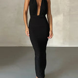 Long Deep V Neck Slim Bandage Bodycon Backless Nightclub Sexy Party Maxi Dress