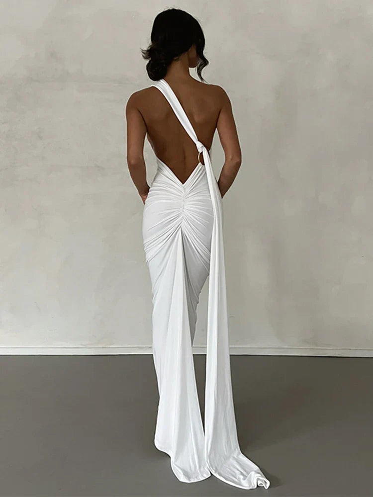 Long One Shoulder Slim Bodycon Backless Nightclub Sexy Summer Maxi Dress