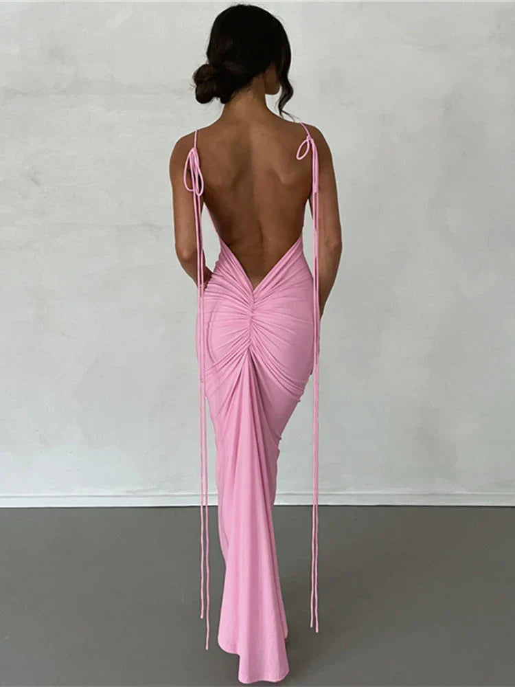 Long Spaghetti Strap Slim Bodycon Backless Nightclub Sexy Summer Maxi Dress