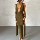 Deep V Neck Summer Slim Bandage Bodycon Backless Sexy Midi Dress
