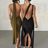 Deep V Neck Summer Slim Bandage Bodycon Backless Sexy Midi Dress