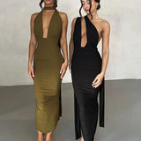 Deep V Neck Summer Slim Bandage Bodycon Backless Sexy Midi Dress