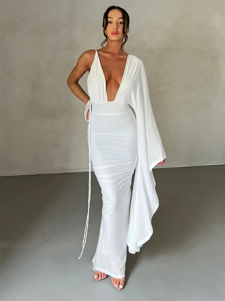 Long One Shoulder Chic V Neck Backless Nightclub Sexy Summer Maxi Dress