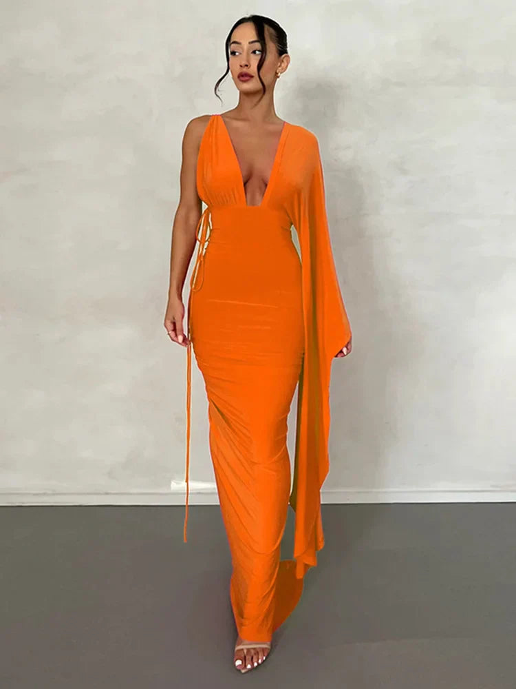 Long One Shoulder Chic V Neck Backless Nightclub Sexy Summer Maxi Dress