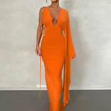 Long One Shoulder Chic V Neck Backless Nightclub Sexy Summer Maxi Dress