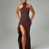 Long Asymmetrical Halter High Split Backless Sexy Spring Summer Maxi Dress
