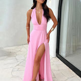 Long Halter Spring Summer V Neck High Split Backless Sexy Party Maxi Dress