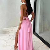 Long Halter Spring Summer V Neck High Split Backless Sexy Party Maxi Dress