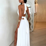 Long Halter Spring Summer V Neck High Split Backless Sexy Party Maxi Dress