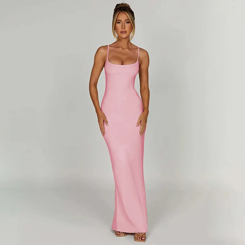 Long Spaghetti Strap Backless Slim Bodycon Sexy Summer Maxi Dress