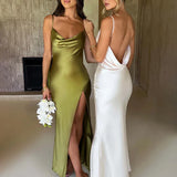 High Split Sexy Spaghetti Strap Summer Backless Slim Bodycon Midi Dress
