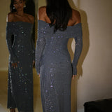 Off Shoulder Long Sparkle Glitter Nightclub Sexy Autumn Winter Maxi Dress