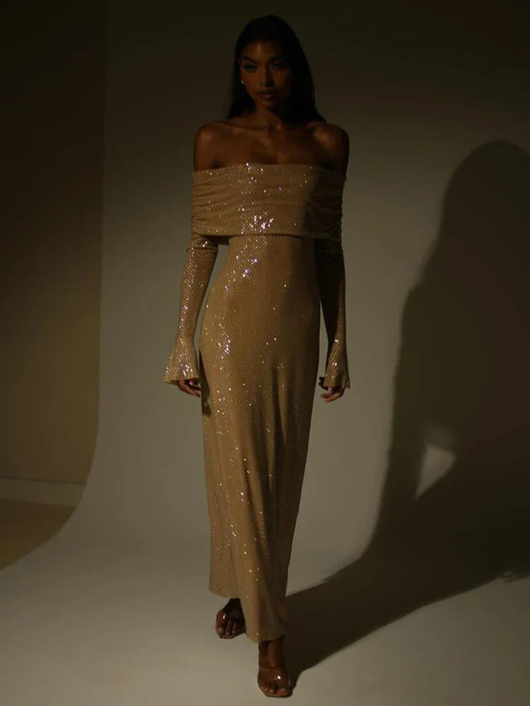 Off Shoulder Long Sparkle Glitter Nightclub Sexy Autumn Winter Maxi Dress