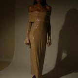 Off Shoulder Long Sparkle Glitter Nightclub Sexy Autumn Winter Maxi Dress