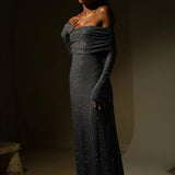 Off Shoulder Long Sparkle Glitter Nightclub Sexy Autumn Winter Maxi Dress