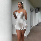 Satin A-line Bandage Spaghetti Strap Summer Nightclub Sexy Party Mini Dress