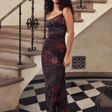 Split Print Long Spaghetti Strap Nightclub Sexy Slim Bodycon Summer Maxi Dress