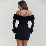 Feather Bodycon Off Shoulder Autumn Winter Backless Nightclub Sexy Party Mini Dress