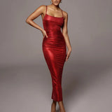 Gilding Bodycon Spaghetti Strap Summer Backless Nightclub Sexy Elegant Midi Dress