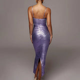 Gilding Bodycon Spaghetti Strap Summer Backless Nightclub Sexy Elegant Midi Dress