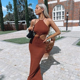 Halter Knitted Backless Summer Temperament Elegant Slim Bodycon Long Midi Dress