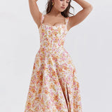 Split Print A-line Spaghetti Strap Spring Summer Elegant Long Sexy Midi Dress