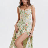 Split Print A-line Spaghetti Strap Spring Summer Elegant Long Sexy Midi Dress