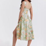 Split Print A-line Spaghetti Strap Spring Summer Elegant Long Sexy Midi Dress