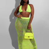 Hollow Out Bandage Spaghetti Strap Top Long Skirt Beach Summer 2 Piece Dress