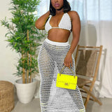 Hollow Out Bandage Spaghetti Strap Top Long Skirt Beach Summer 2 Piece Dress