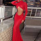 Hollow Out Mermaid Long Backless Nightclub Sexy Autumn Winter Maxi Dress